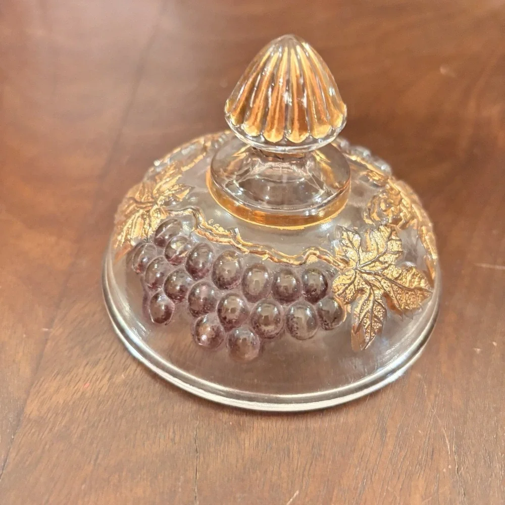 Vintage Mosser Glass Grape Covered Sugar Bowl Purple Grapes Gold Trim Candy Dish